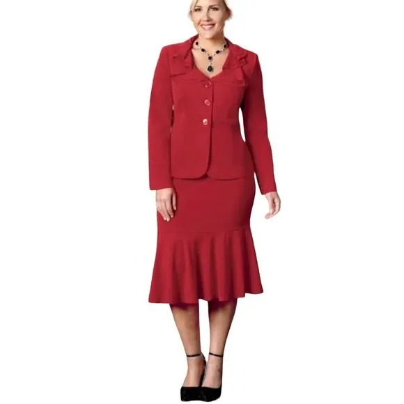 Monroe & Main Romantic Ruffle Suit Red Trumpet Skirt Set Office Cocktail  Brunch